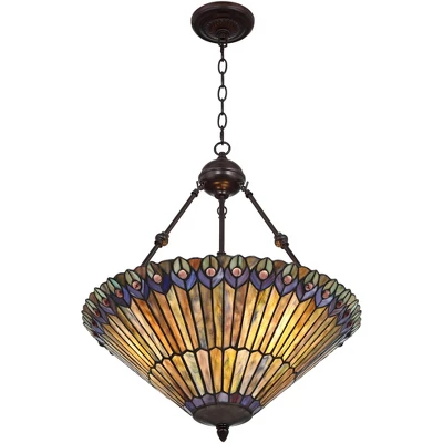 Robert Louis Tiffany Bronze Pendant Chandelier 20" Wide Rustic Peacock Stained Art Glass 3-Light Fixture For Dining Room House Kitchen Island Entryway - Image 8