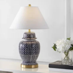 28.5" Ceramic/Iron Coastal Modern Table Lamp Blue/White (Includes LED Light Bulb) - JONATHAN Y