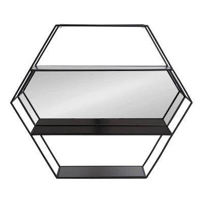 28" X 24" Lintz Hexagon Decorative Wall Mirror Shelf Black - Kate & Laurel All Things Decor