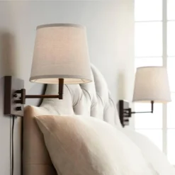 360 Lighting Lanett Modern Swing Arm Wall Lamps Set Of 2 Painted Bronze Plug-in Light Fixture Oatmeal Empire Shades For Bedroom Bedside Living Room