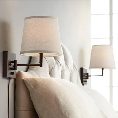 360 Lighting Lanett Modern Swing Arm Wall Lamps Set Of 2 Painted Bronze Plug-in Light Fixture Oatmeal Empire Shades For Bedroom Bedside Living Room