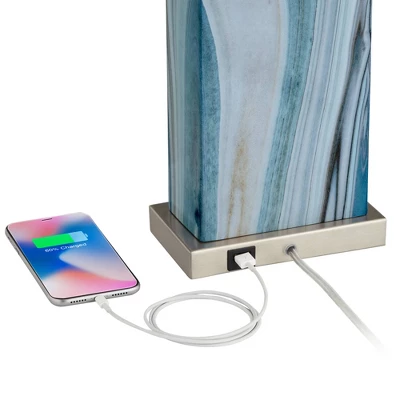 360 Lighting Connie Modern Table Lamps 25" High Set Of 2 Blue Faux Marble With USB Charging Ports LED White Shade For Bedroom Living Room House Desk - Image 3