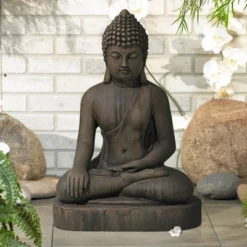 John Timberland Sitting Buddha Statue Sculpture Zen Decor Outdoor Garden Front Porch Patio Yard Outside Dark Sandstone Faux Stone Finish 29 1/2" High
