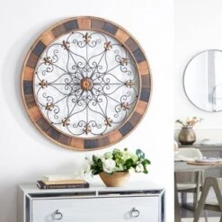 Wood Scroll Arabesque Wall Decor With Metal Fleur De Lis Relief Brown - Olivia & May