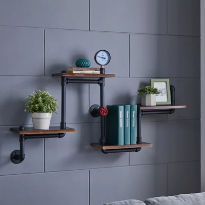 44.5" X 27.6" Tiered Horizontal Industrial Pipe Wall Shelf Brown/Black - Danya B.