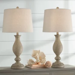 Regency Hill Serena Country Cottage Table Lamps 27 1/2" Tall Set Of 2 Beige Gray Oatmeal Fabric Drum Shade For Bedroom Living Room Bedside Nightstand