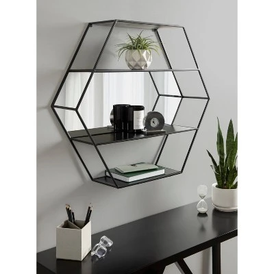 28" X 24" Lintz Hexagon Decorative Wall Mirror Shelf Black - Kate & Laurel All Things Decor - Image 4