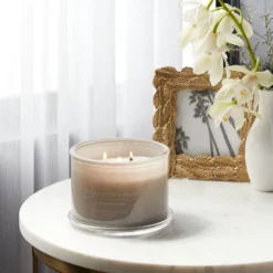 14oz Lidded Gray Glass Jar Crackling Wooden 3-Wick Candle With Clear Label Eucalyptus + Palm - Thresholdâ„¢