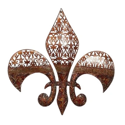 Metal Fleur De Lis Wall Decor With Perforated Details Brown - Olivia & May - Image 3