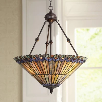 Robert Louis Tiffany Bronze Pendant Chandelier 20" Wide Rustic Peacock Stained Art Glass 3-Light Fixture For Dining Room House Kitchen Island Entryway