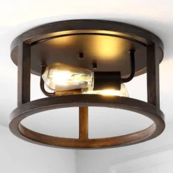 12.75" 2-Light LED Iron Rustic Industrial Flush Mount Brown - JONATHAN Y