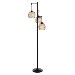 3 Head Bronze Floor Lamp With Ivory Fabric & Metal Mesh Shades - StyleCraft